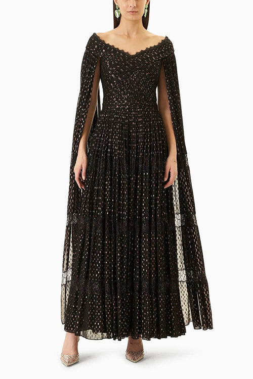 Black Lurex Long Dress with Cape Sleeves