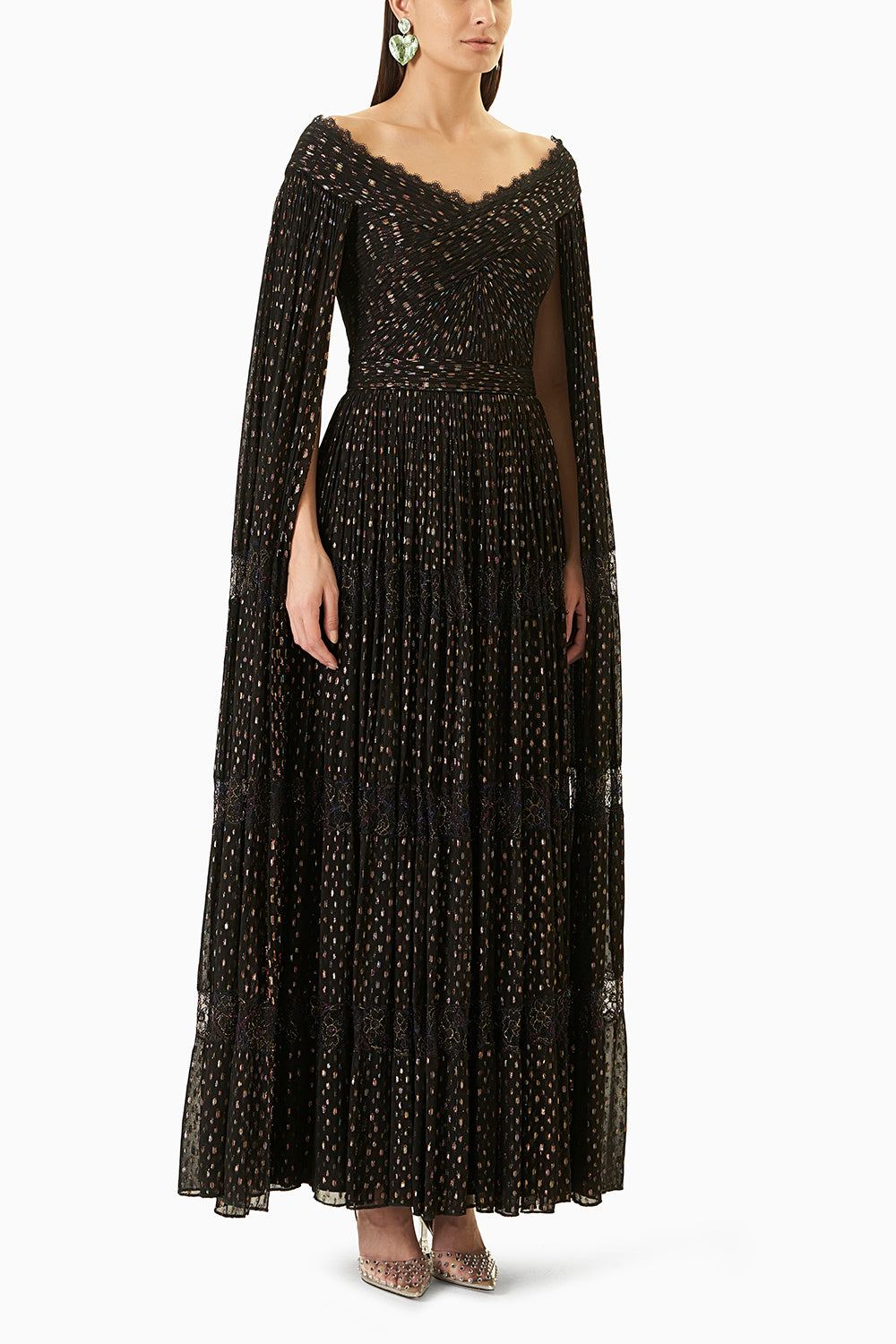 Black Lurex Long Dress With Cape Sleeves