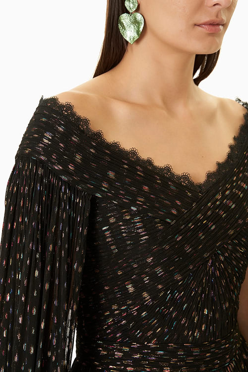 Black Lurex Long Dress with Cape Sleeves
