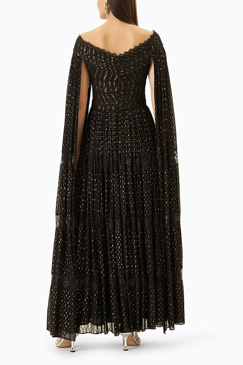 Black Lurex Long Dress with Cape Sleeves