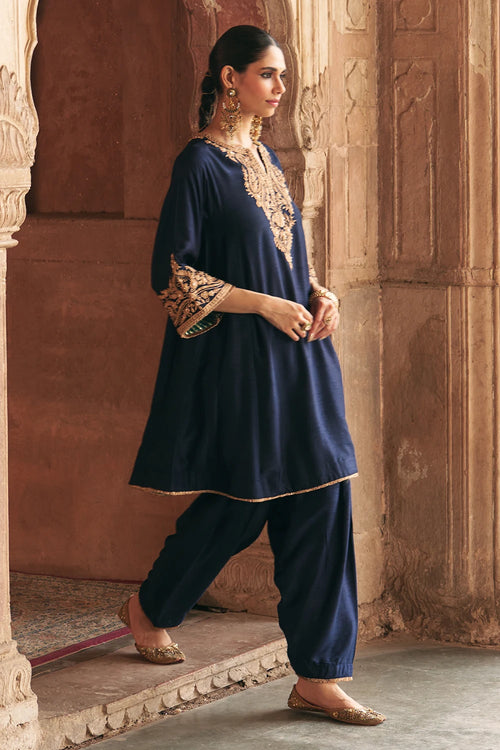 Marwa Deep Blue Short Chauga With Salwar