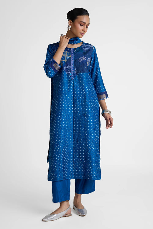 Navy Blue Patchwork Yoke Suit Set