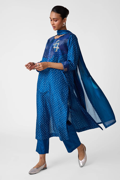 Navy Blue Patchwork Yoke Suit Set