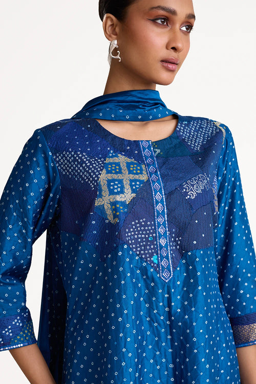 Navy Blue Patchwork Yoke Suit Set