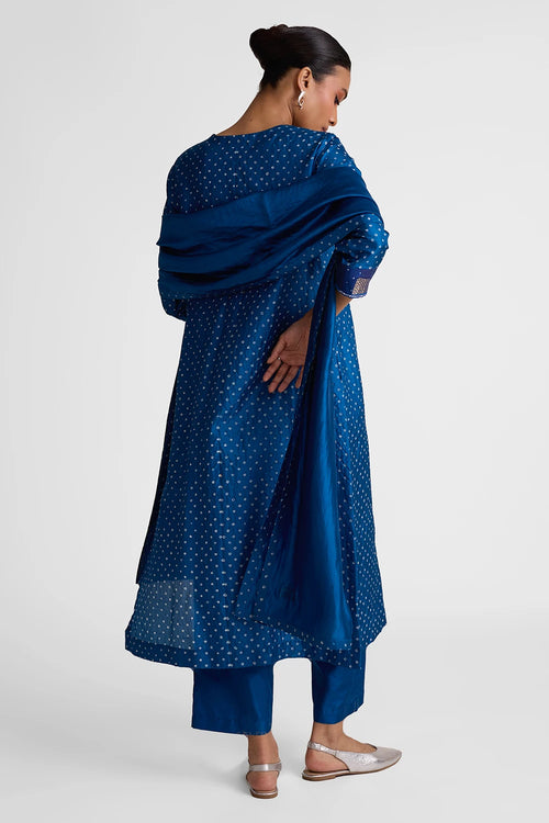 Navy Blue Patchwork Yoke Suit Set