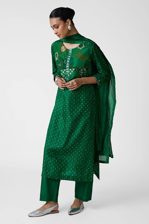Green Patchwork Yoke Suit Set