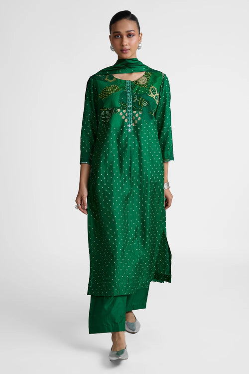 Green Patchwork Yoke Suit Set