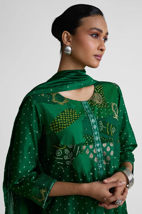 Green Patchwork Yoke Suit Set