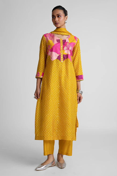 Mustard Yellow Patchwork Yoke Suit Set