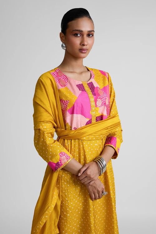 Mustard Yellow Patchwork Yoke Suit Set