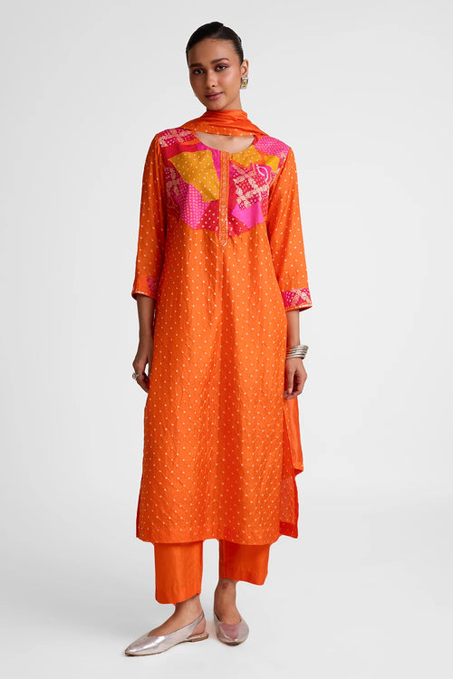 Orange Patchwork Yoke Suit Set