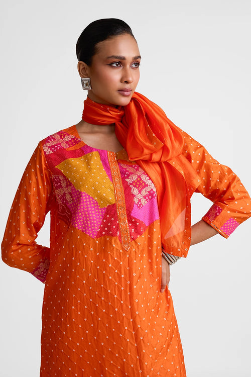 Orange Patchwork Yoke Suit Set