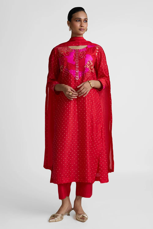 Red Patchwork Yoke Suit Set