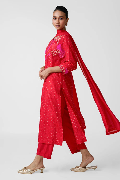 Red Patchwork Yoke Suit Set