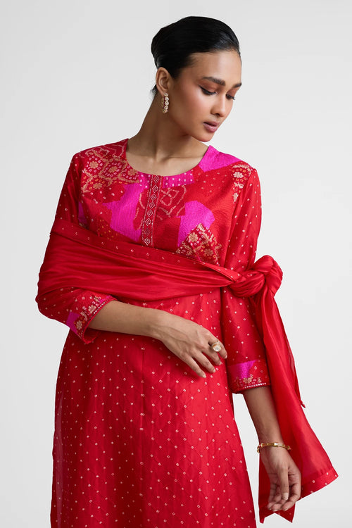 Red Patchwork Yoke Suit Set