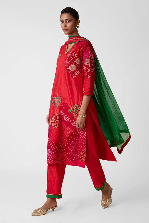 Red Floral Patchwork Suit Set