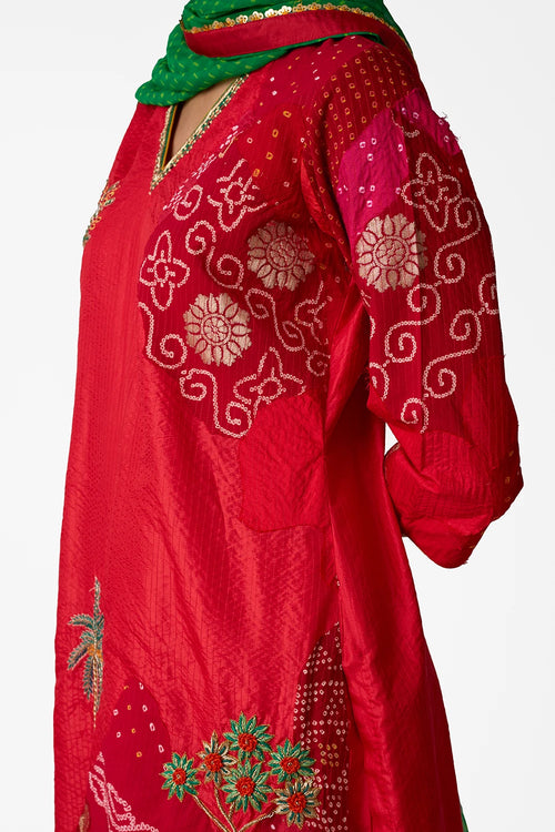 Red Floral Patchwork Suit Set