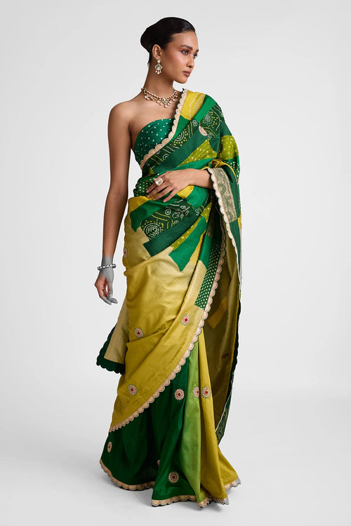 Green Rectangle Patchwork Saree