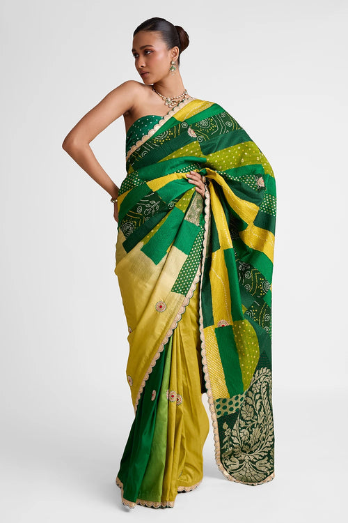 Green Rectangle Patchwork Saree