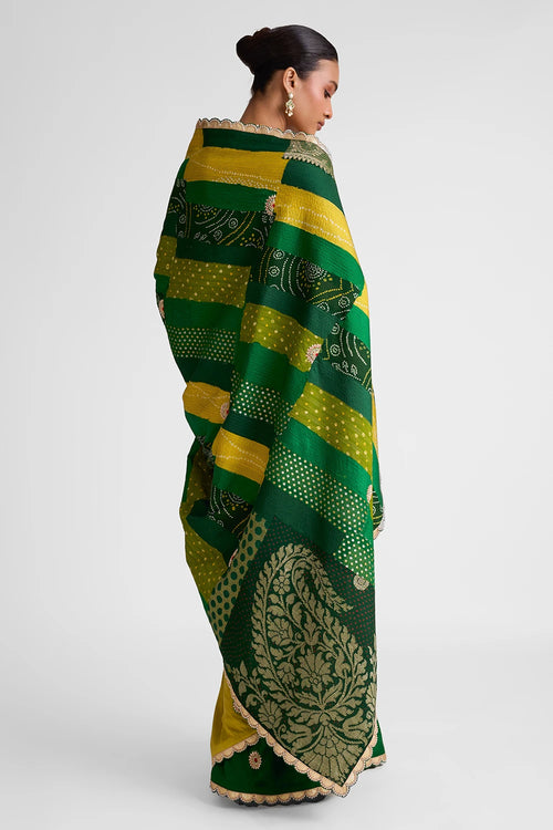 Green Rectangle Patchwork Saree