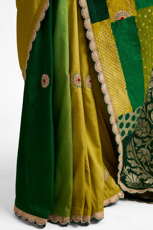 Green Rectangle Patchwork Saree