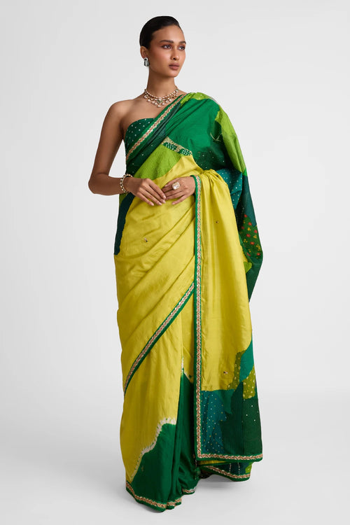 Green Patchwork Shibori Silk Saree