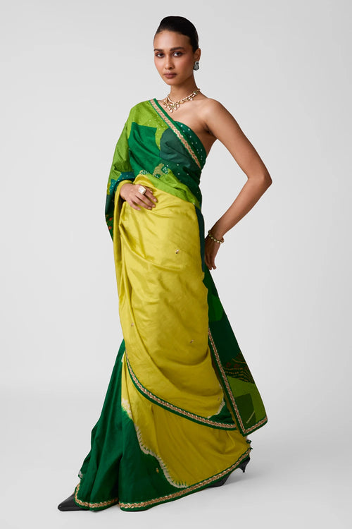 Green Patchwork Shibori Silk Saree