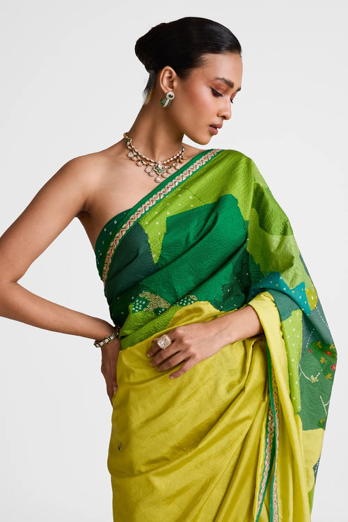 Green Patchwork Shibori Silk Saree