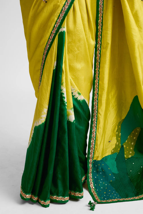 Green Patchwork Shibori Silk Saree
