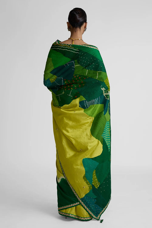 Green Patchwork Shibori Silk Saree
