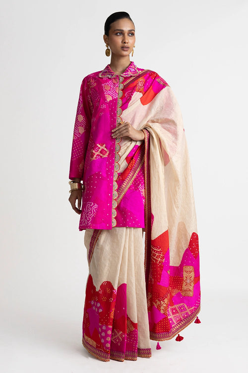 Red Rani Patchwork Zardozi Jacket with Tissue Saree