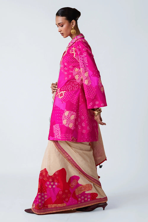 Red Rani Patchwork Zardozi Jacket with Tissue Saree
