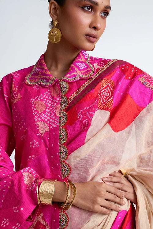Red Rani Patchwork Zardozi Jacket with Tissue Saree