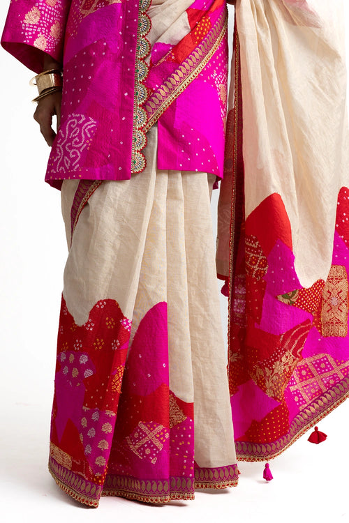 Red Rani Patchwork Zardozi Jacket with Tissue Saree