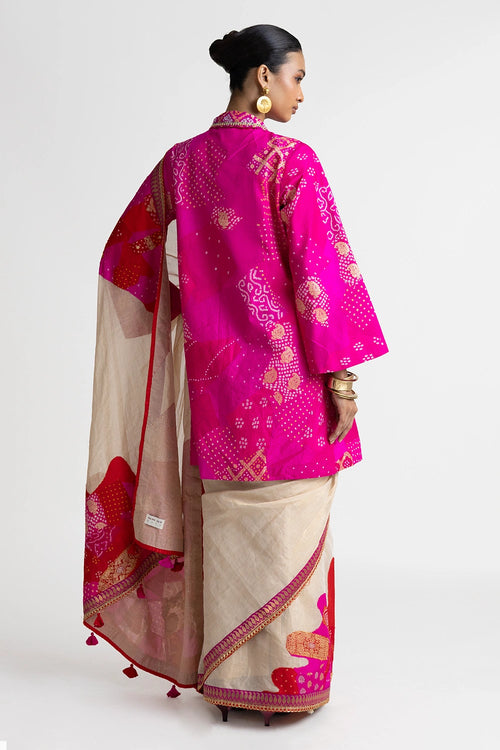 Red Rani Patchwork Zardozi Jacket with Tissue Saree
