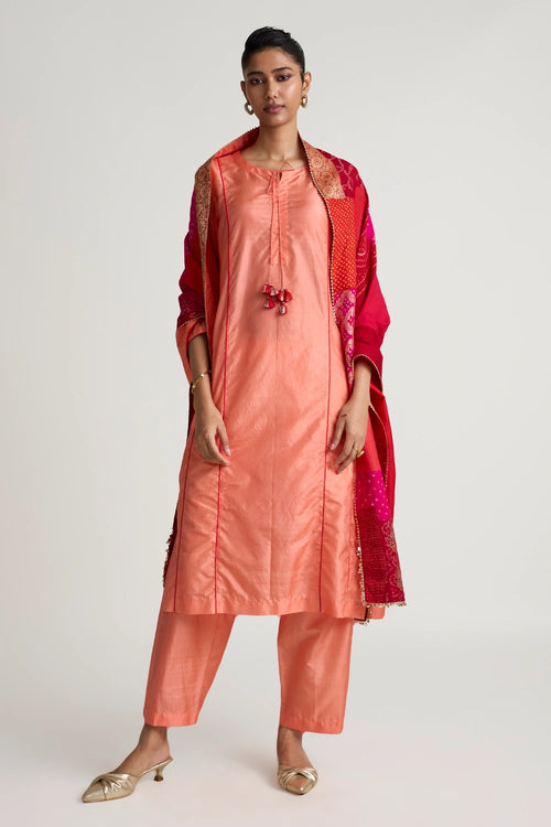 Peach Tomato Patchwork Dupatta Suit Set
