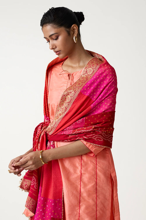 Peach Tomato Patchwork Dupatta Suit Set