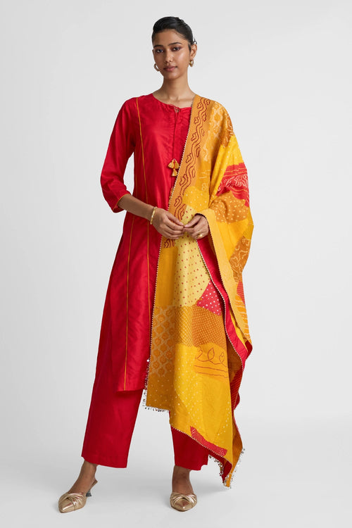 Red Yellow Patchwork Dupatta Suit Set