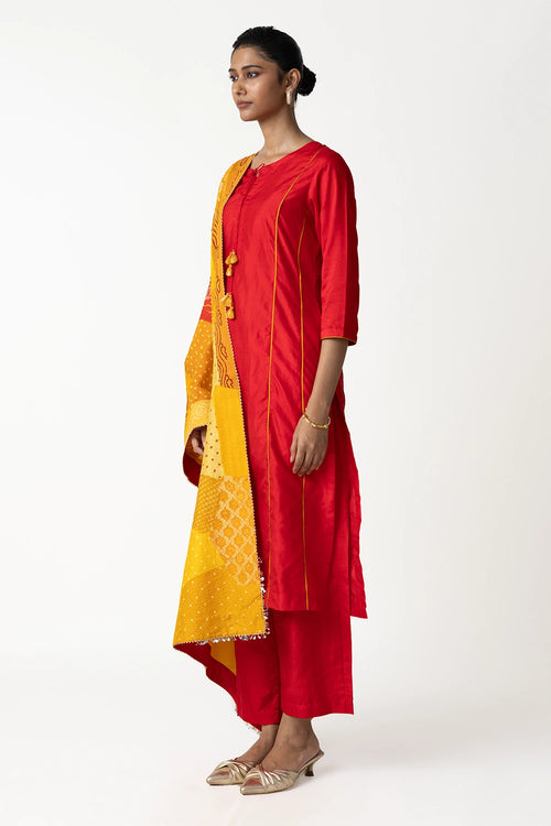 Red Yellow Patchwork Dupatta Suit Set