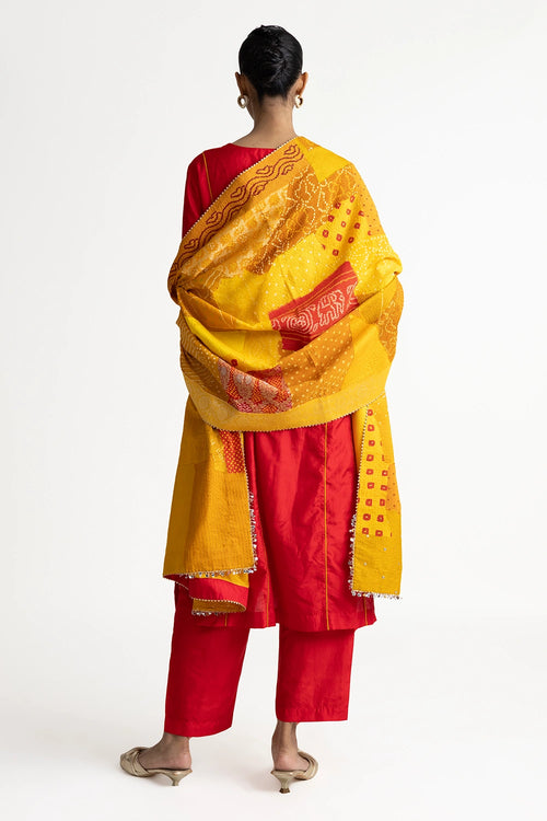 Red Yellow Patchwork Dupatta Suit Set