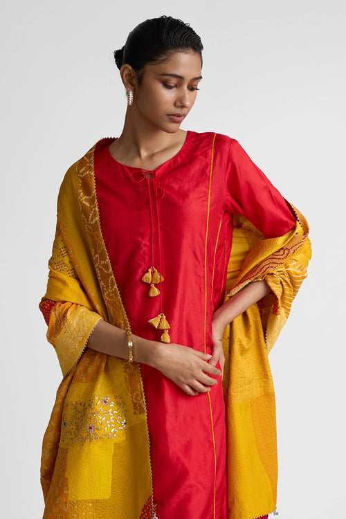 Red Yellow Patchwork Dupatta Suit Set