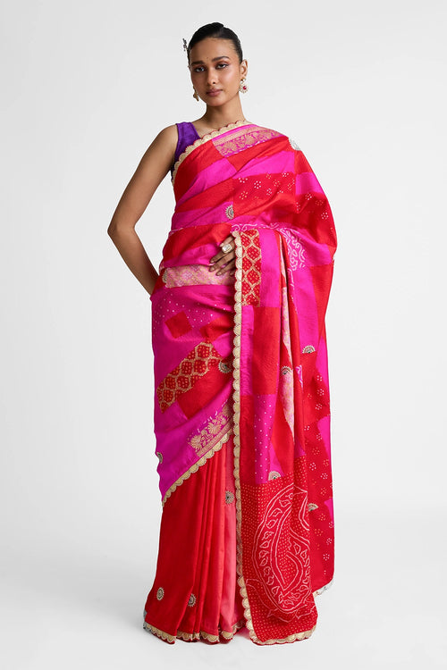 Red Rani Rectangle Patchwork Saree