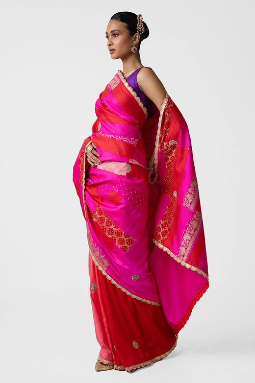 Red Rani Rectangle Patchwork Saree
