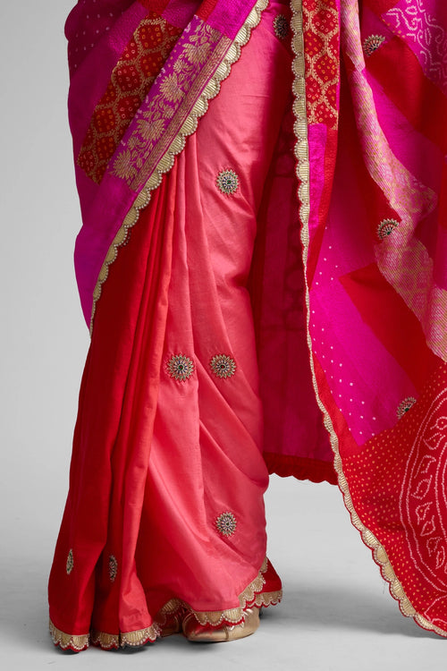 Red Rani Rectangle Patchwork Saree