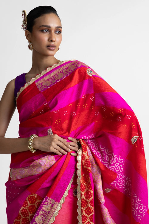 Red Rani Rectangle Patchwork Saree