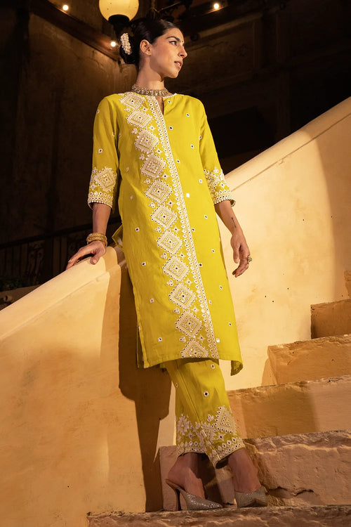 Neon Green Diamond Kurta With Pants
