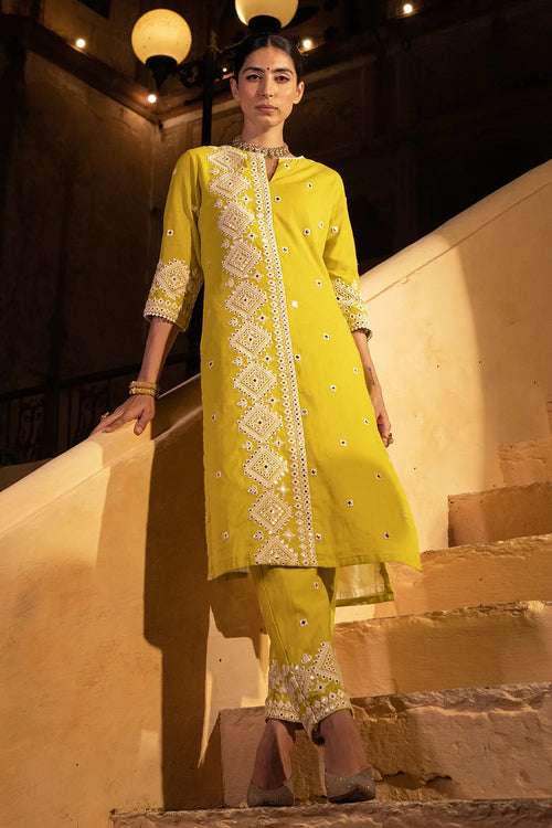 Neon Green Diamond Kurta With Pants