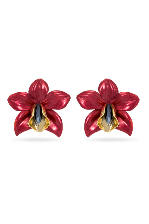Red Metallic Orchid Earrings