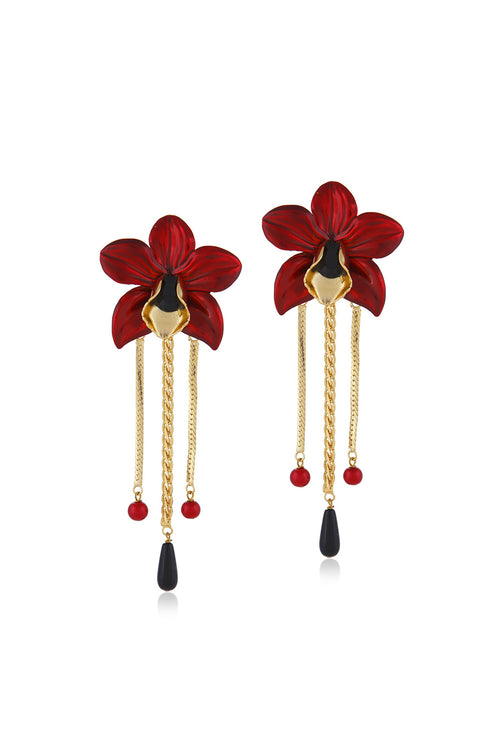 Red Dangling Orchid Earring