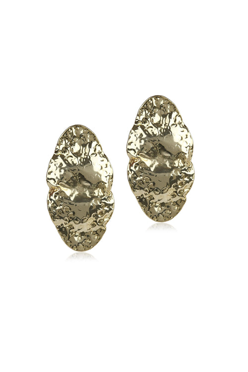 Gold Beaten Metal Oval Earrings